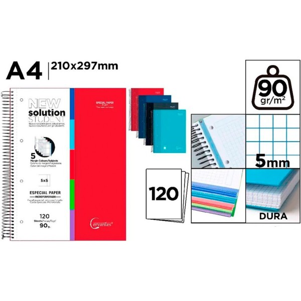 Cuaderno a4, con espiral, tapa dura, 120 hojas cuadrícula 5 mm, con taladro, colores surtidos